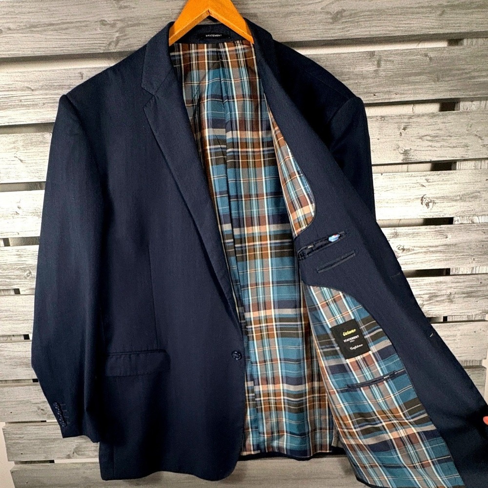 Statement Italy Navy Blue Super 150s Wool Blazer Sport Coat 50L Plaid Lining